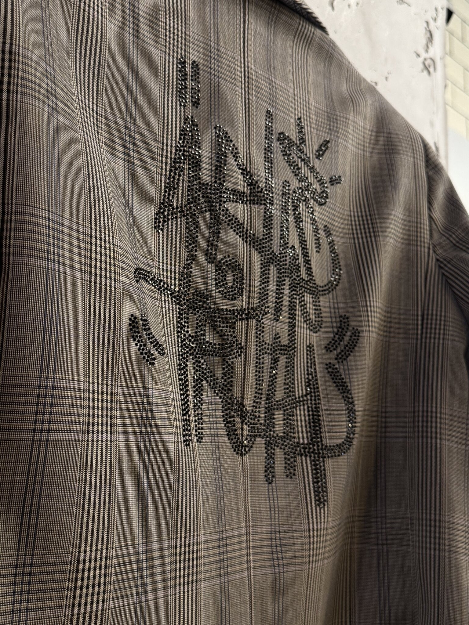 BERLIN VINTAGE CORNER Zadig & Voltaire grey glen plaid blazer featuring a back graphic in shimmering dark crystals.