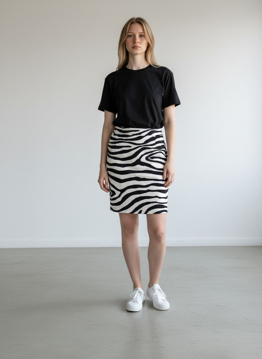 BERLIN VINTAGE CORNER black and white zebra print high waisted midi skirt with a pull-on style.