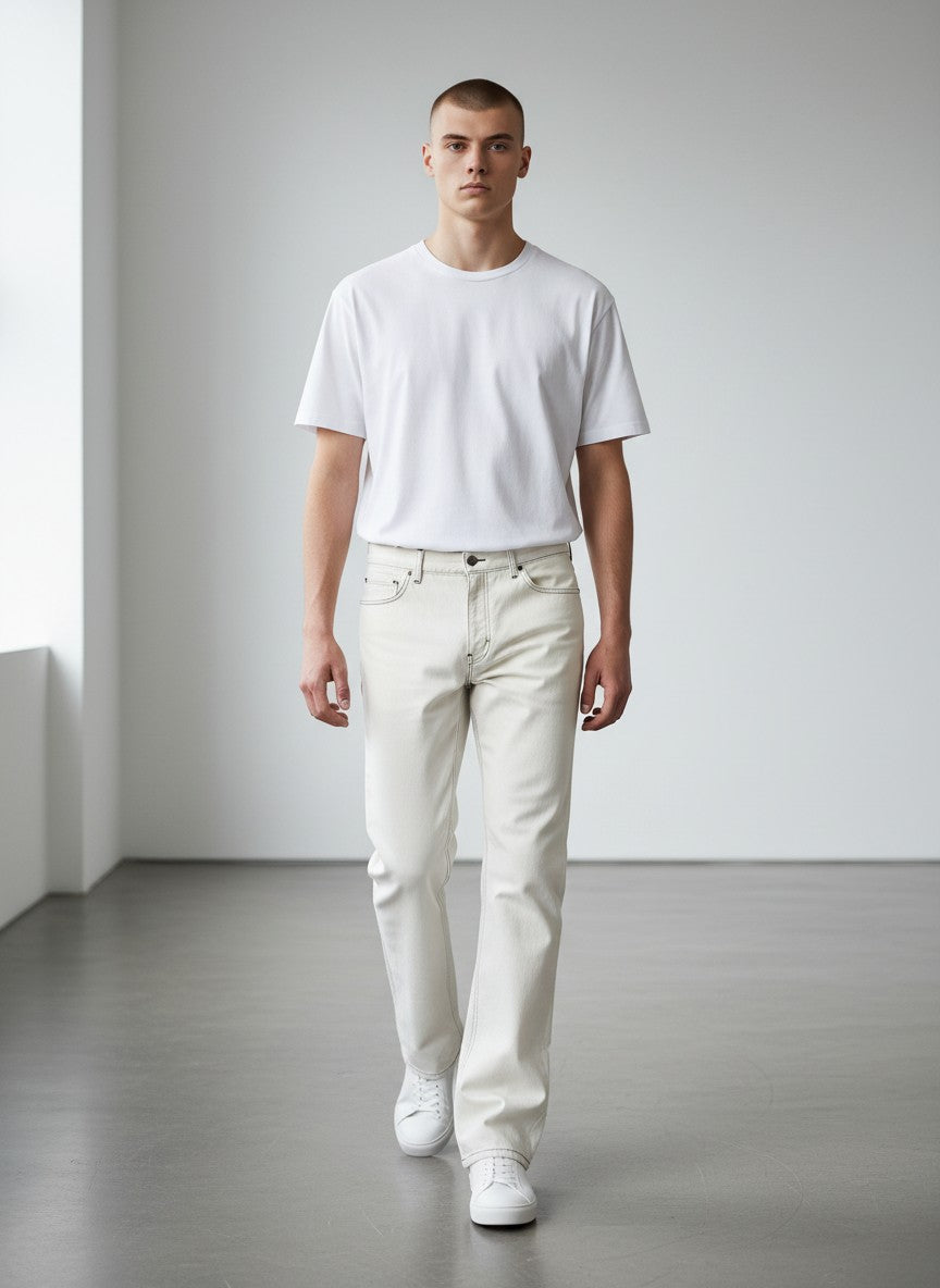 BERLIN VINTAGE CORNER off-white cotton wide leg flare jeans with black contrast stitching and five-pocket styling.