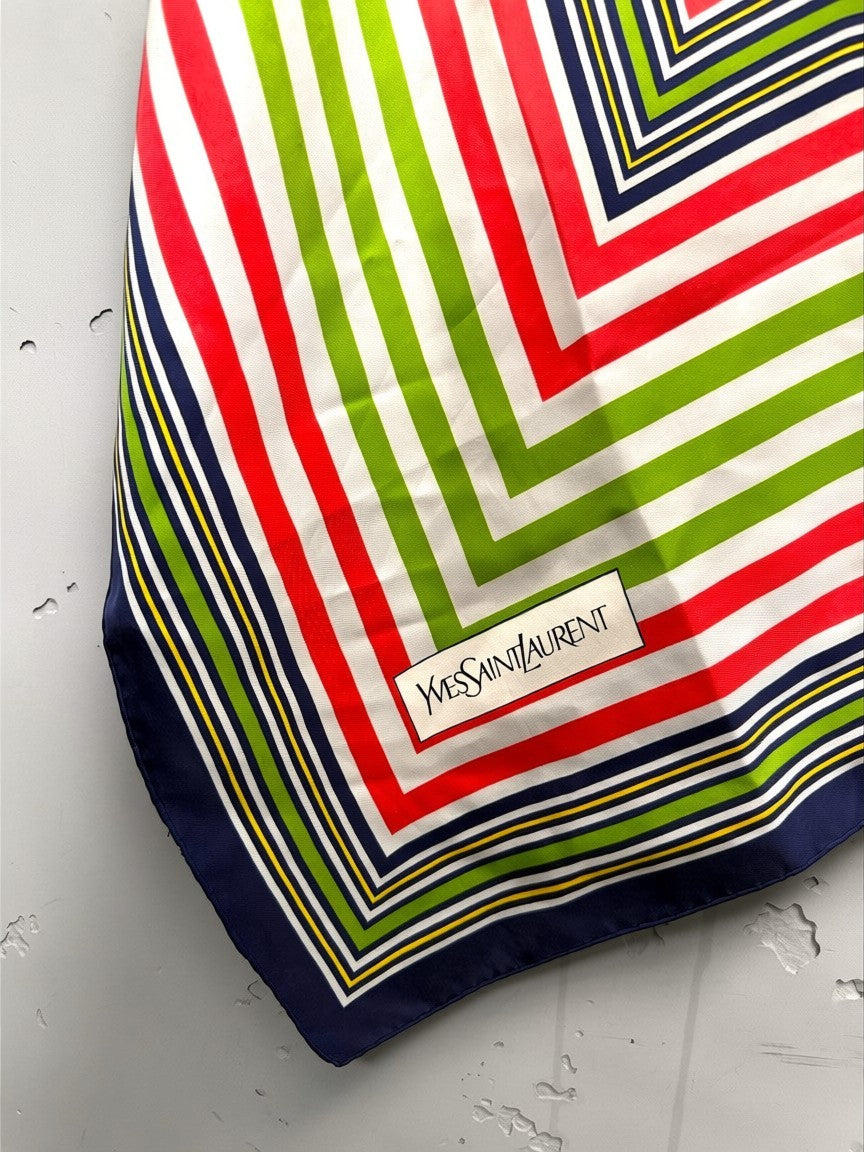 BERLIN VINTAGE CORNER Yves Saint Laurent red, green, white, navy striped silk scarf with geometric pattern.