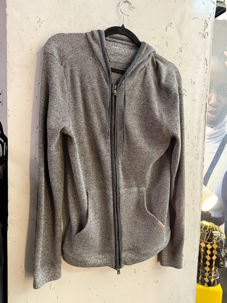 BERLIN VINTAGE CORNER John Varvatos grey zip hoodie on a hanger, full length