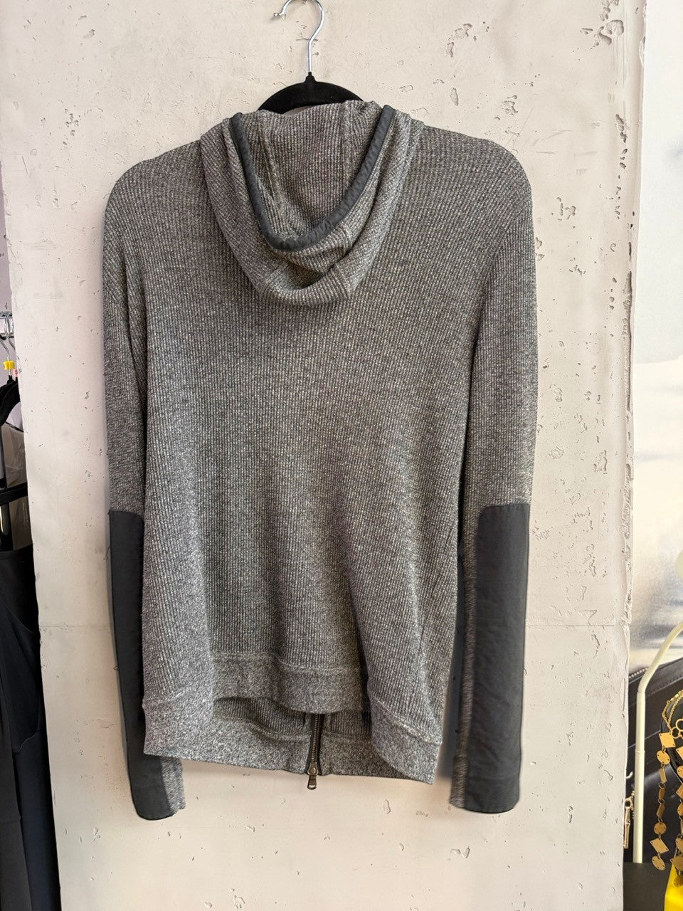 BERLIN VINTAGE CORNER John Varvatos grey hoodie, back view with darker panel