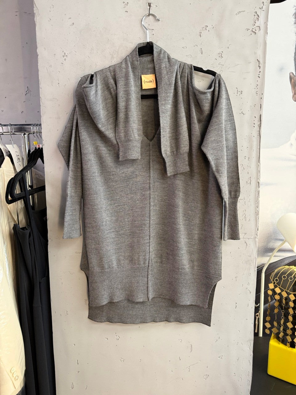 BERLIN VINTAGE CORNER Nude grey wool cardigan with shawl collar, front view
