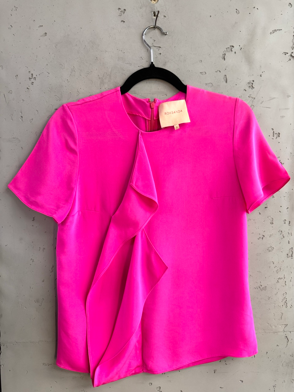BERLIN VINTAGE CORNER Roksanda pink silk top with centre front ruffle, front view
