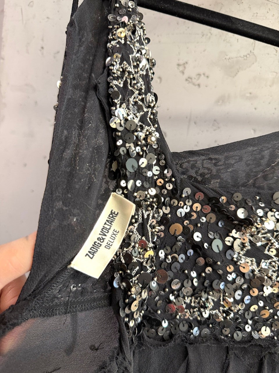 BERLIN VINTAGE CORNER Zadig & Voltaire sequin top, label and neckline detail