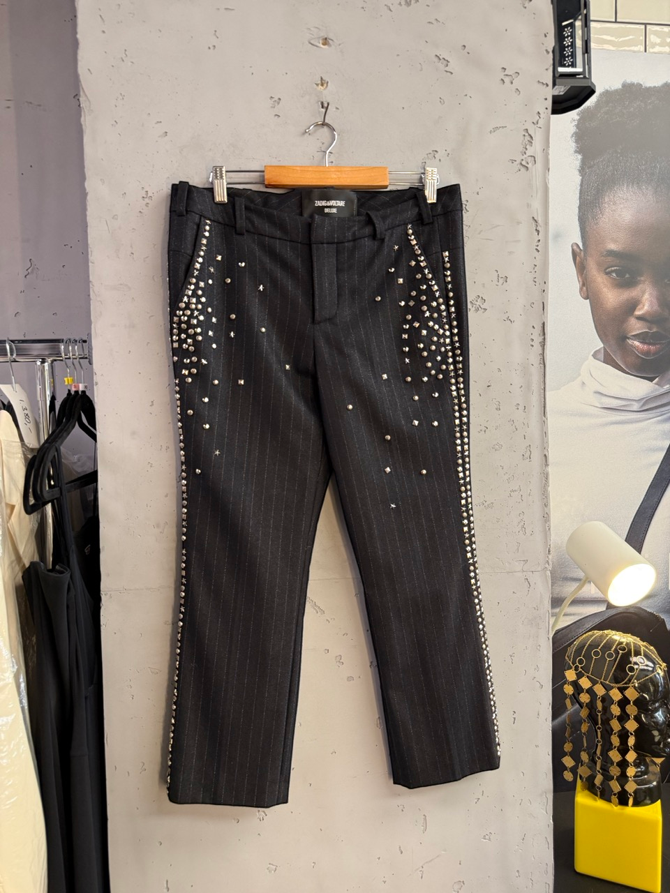 BERLIN VINTAGE CORNER Zadig & Voltaire studded pinstripe trousers, front view on a hanger
